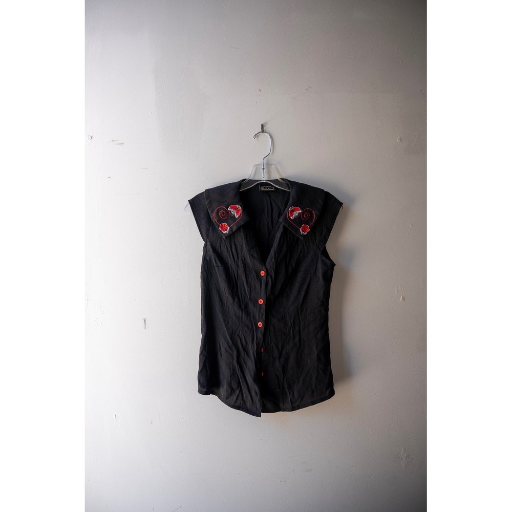 Steady Clothing Black Rockabilly Blouse Mushroom Heart Embroidery Red Buttons
